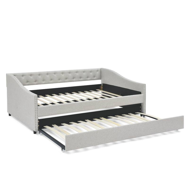 Button Tufted Sofa Bed with Pull Out Bed & Nailhead Decorative Arms