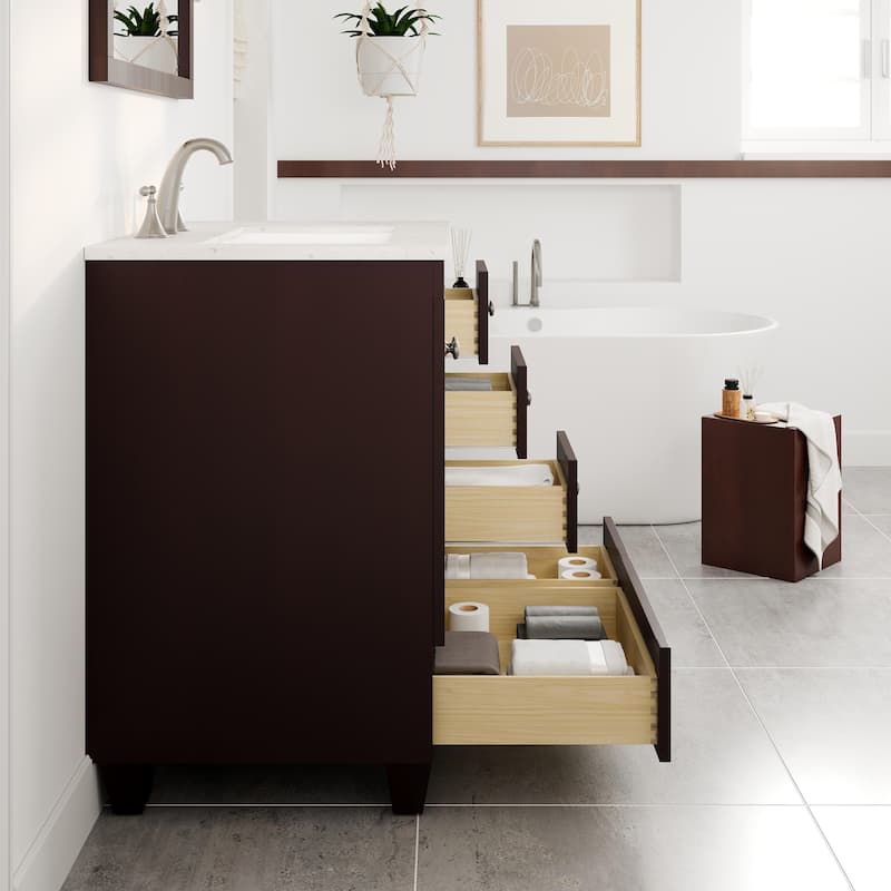 Eviva Acclaim 30"W x 22"D Teak Bathroom Vanity with White Carrara Quartz Vanity Top and Rectangular Undermount Sink
