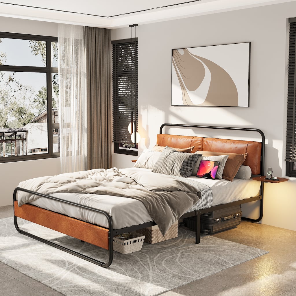 Antique Brown Queen Size Modern Metal Platform Bed with Upholstered  Headboard and Charger - Overstock - 41759865, image size:1024x1024