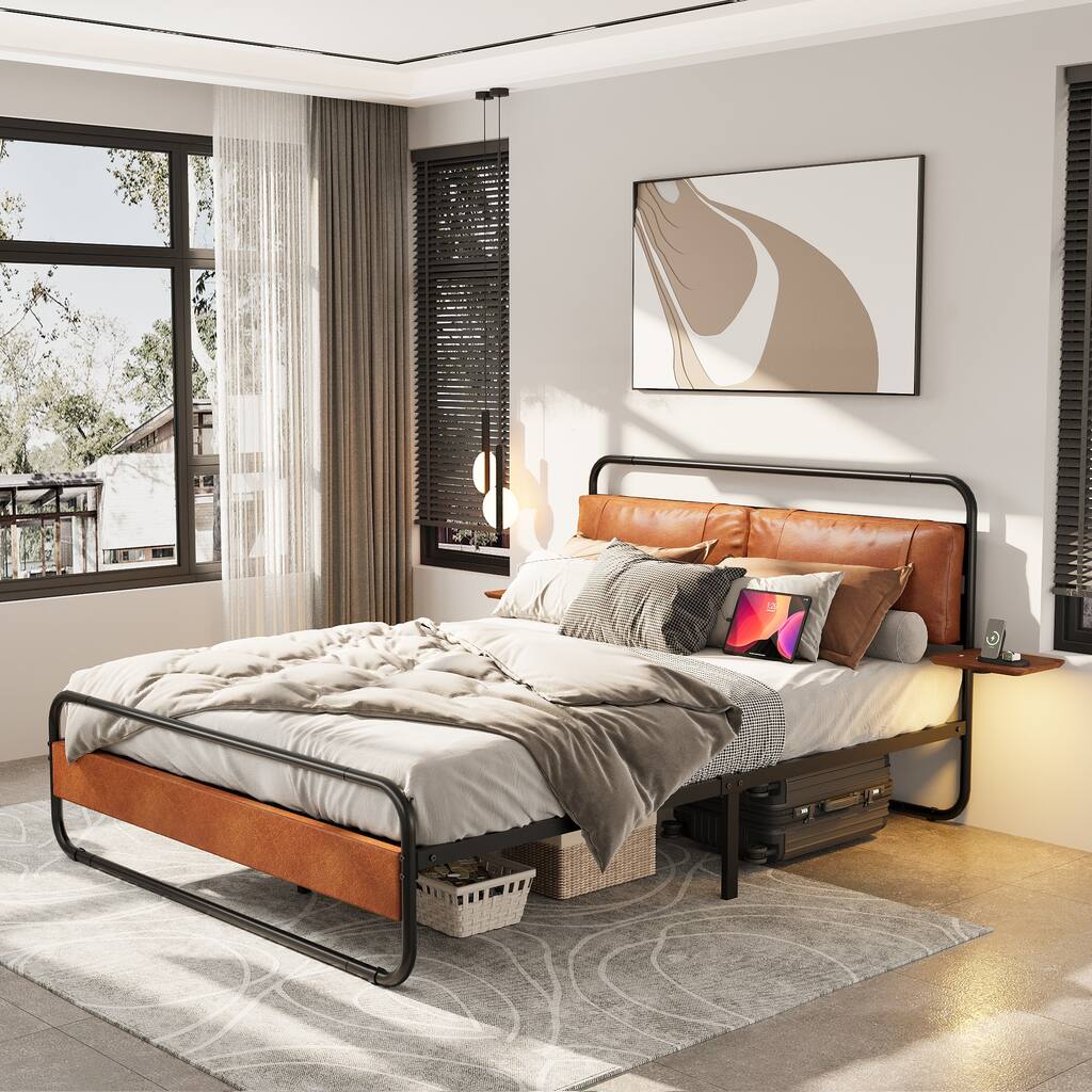 Queen Size Modern Metal Platform Bed with Upholstered Headboard and Charger
