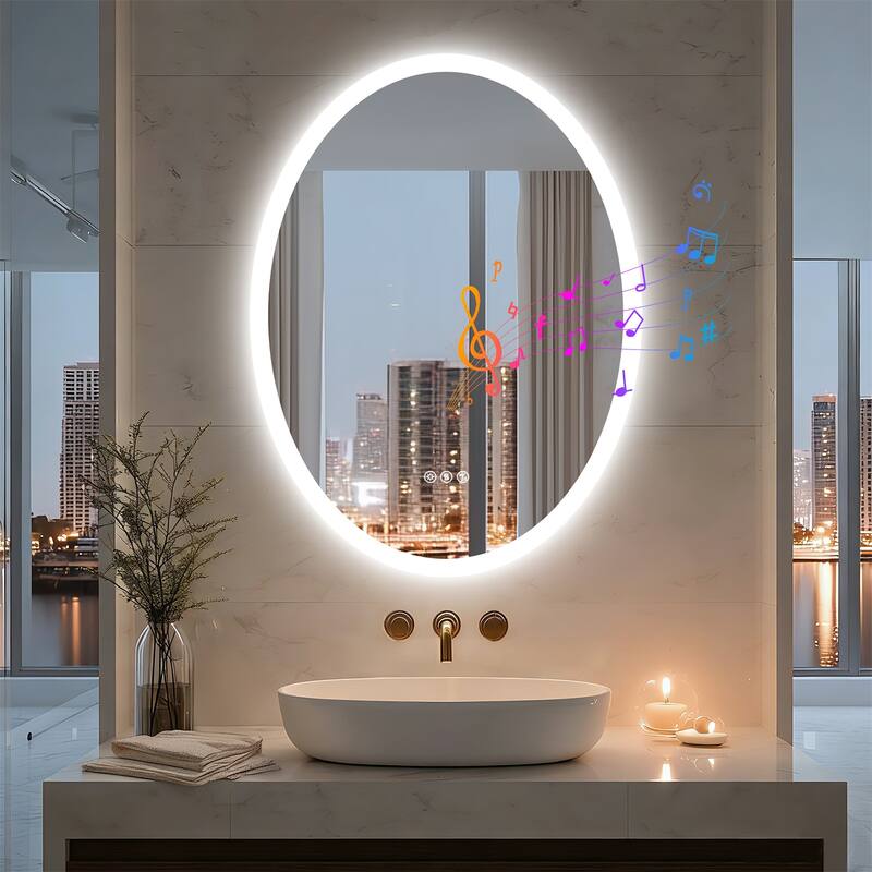 Bluetooth Lighted Bathroom Mirror Oval LED with Double NdFeB Speakers Wall Vanity Mirror - 23.62x31.50 - 23.62x31.50