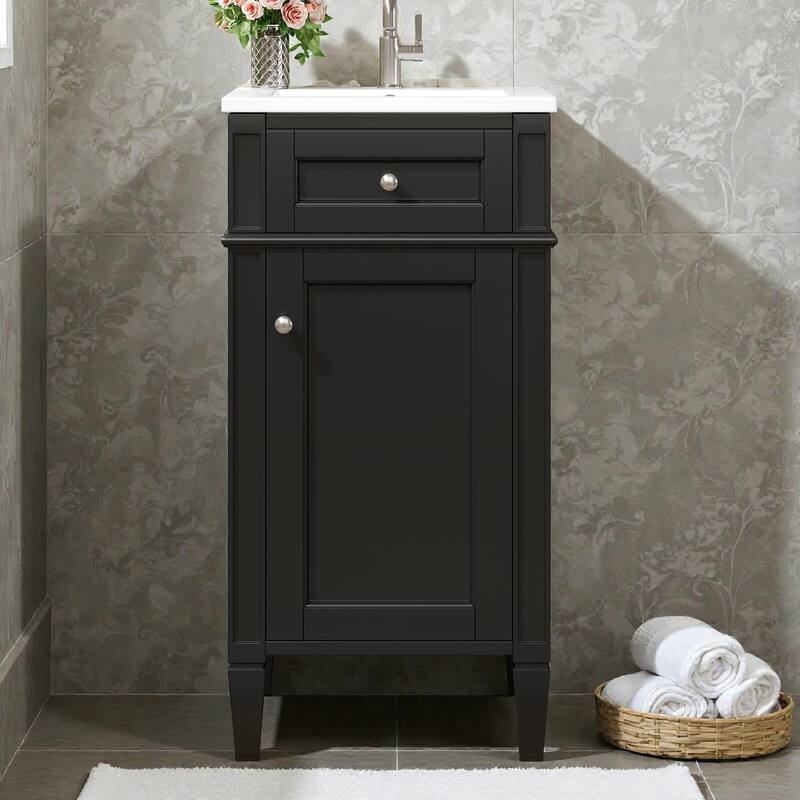 16 Inch Bathroom Vanity with Ceramic Sink, Freestanding Single Vanity, Soft Close Door, French Style Solid Wood Legs - Black