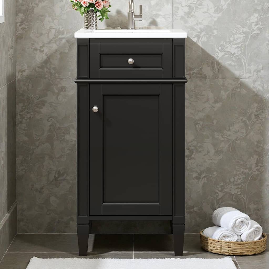 16 Inch Bathroom Vanity with Ceramic Sink, Freestanding Single Vanity, Soft Close Door, French Style Solid Wood Legs