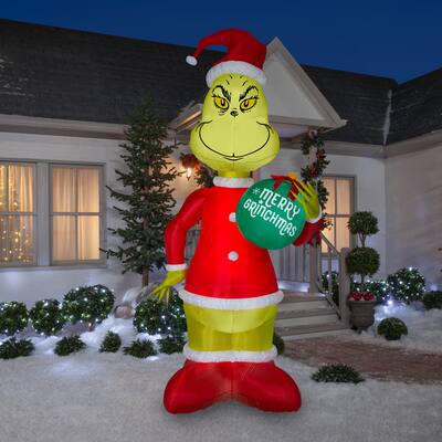 Gemmy Christmas Airblown Inflatable Grinch w/Ornament Giant Dr. Seuss , 11 ft Tall, Multicolored