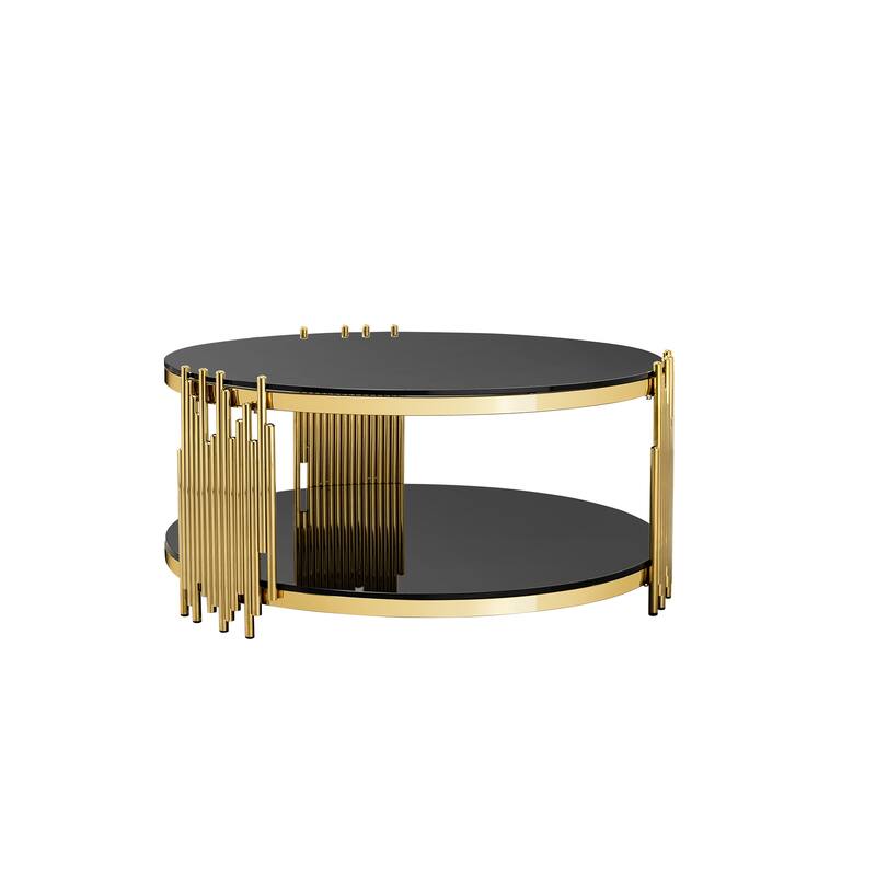 Double Layer Black Tempered Glass Top Stainless Steel Round Coffee Table for Living Room