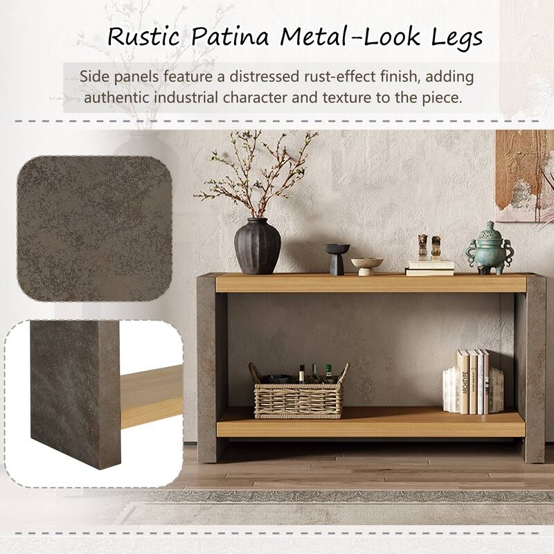 Console Table with Dovetail Joinery & Bottom Shelf, Vintage Industrial Sofa Tables with Distressed Veneer, 59" Entryway Table