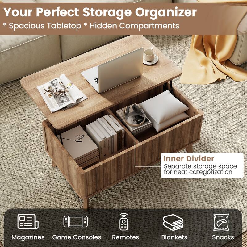 Gymax 35.5'' Fluted Lift Top Coffee Table w/Lift Tabletop Hidden