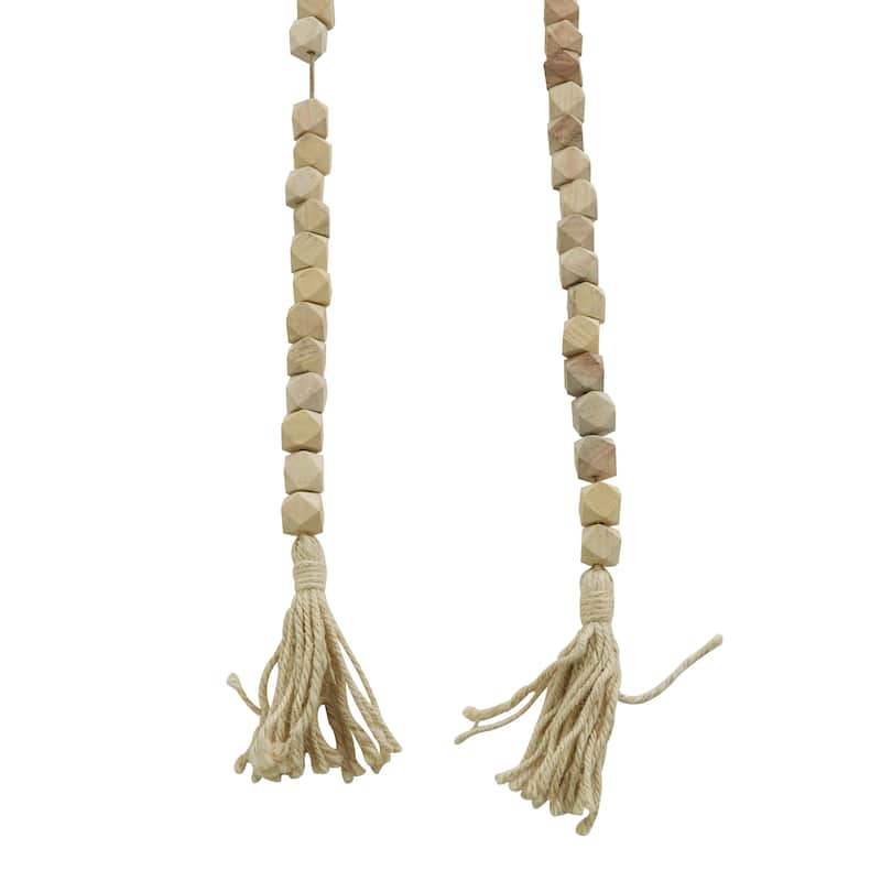 Mango Wood Handmade Hexagon Carved Geometric Long Beaded Garland with Tassel - Roche River Decor