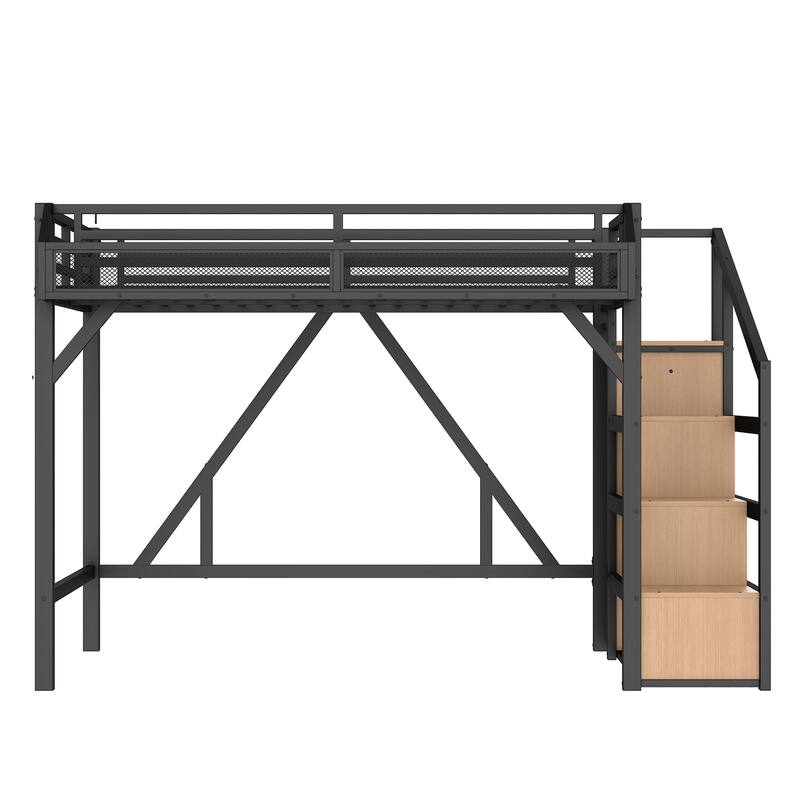 Noise-reduced Design Metal Loft Bed Frame with Storage Stairs, Shelves, Built-in Wardrobe, Light Strip and Charging Station