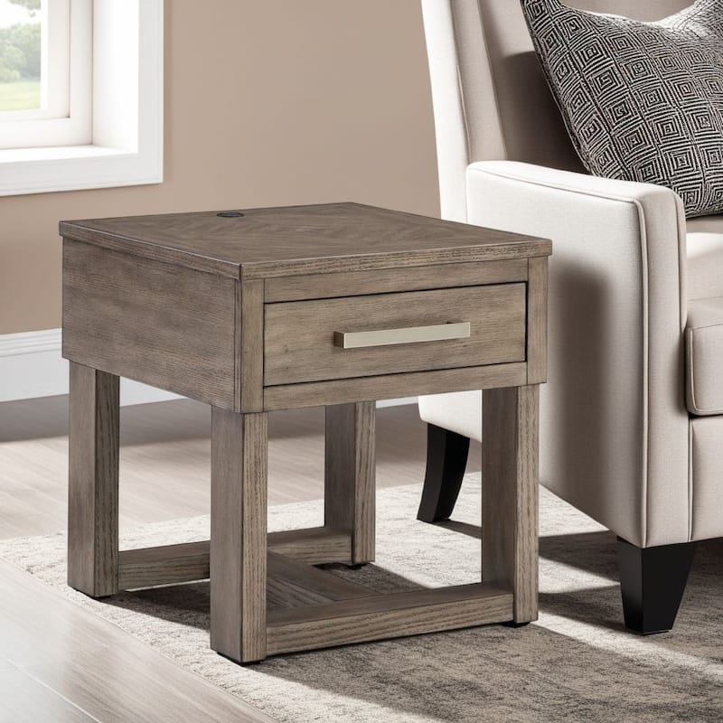 Aska Rectangular Side End Table with Drawer, USB Port, 24 Inch Gray