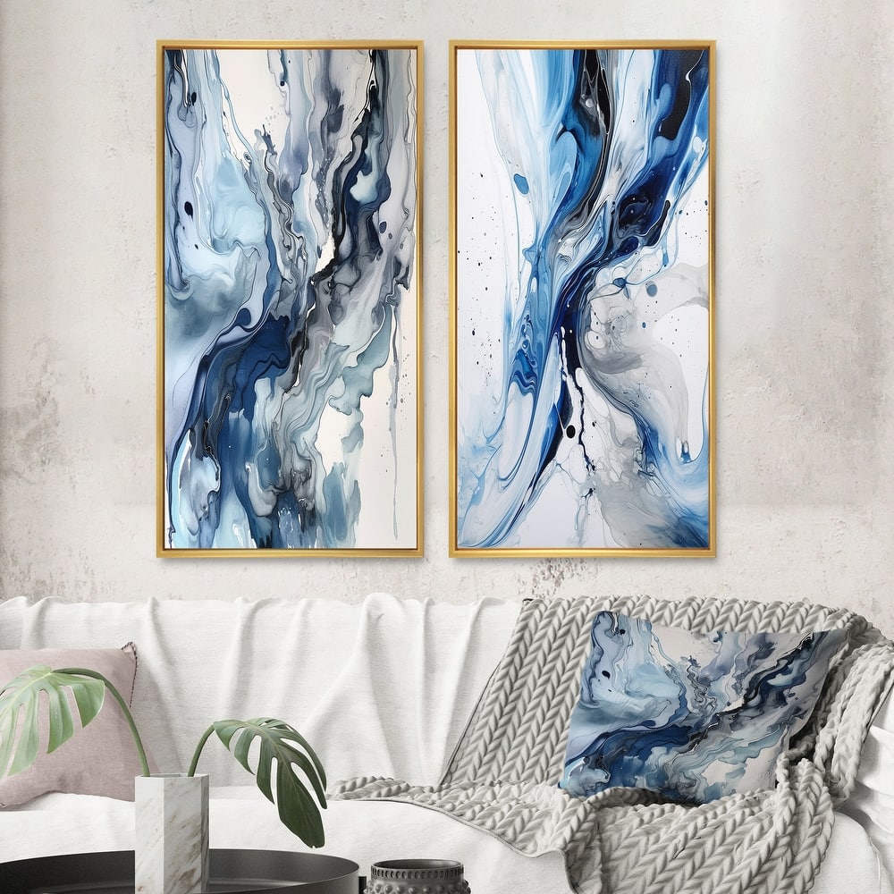 Designart "Blue and Grey Ethereal Elixir" Abstract Framed Wall Art Set Of 2 - Blue Gallery Set For Office Decor