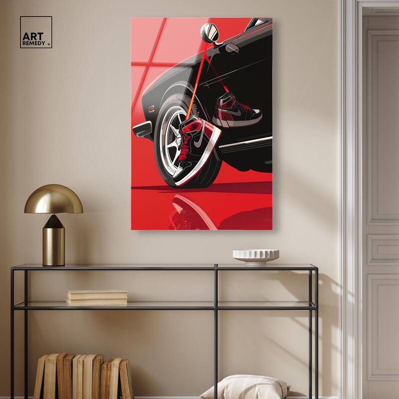 Red Bold Sneaker and Car Acrylic by Art Remedy, Ready to Hang