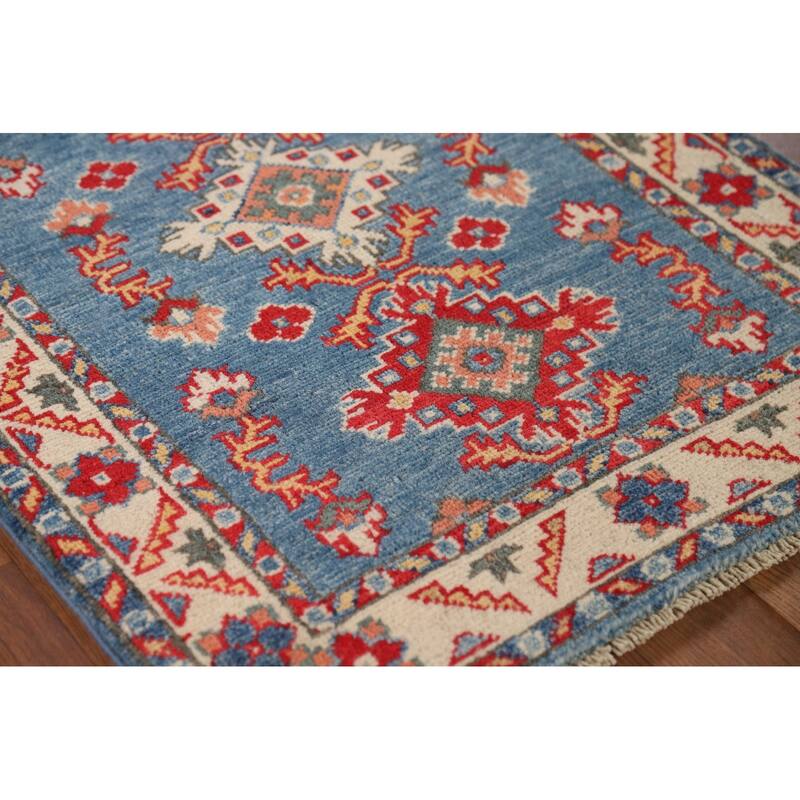 Blue Geometric Kazak Oriental Foyer Rug Handmade Wool Carpet - 2'1" x 2'10"