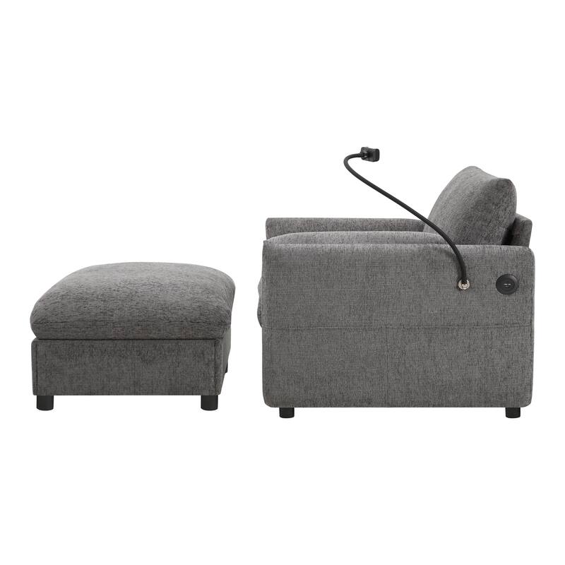 Roomfitters 37" Single Sofa with Storage Ottoman, Chenille Armchair with Phone Holder and Charging Ports, Lounge Chair