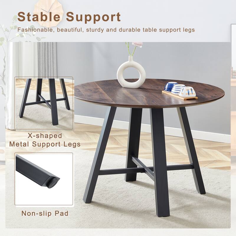 5-Piece Dining Table Set, Round Kitchen Table Set with Black Metal Legs and 4 Linen Fabric Chairs for Dining Room