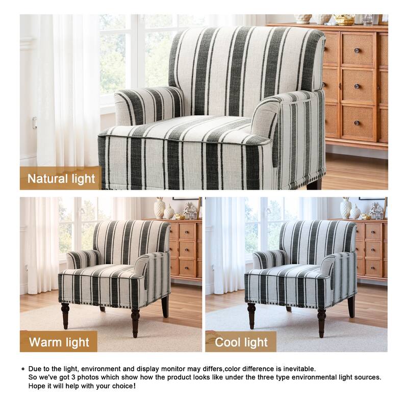 Striped Upholstered Linen Armchair with Brass Nailhead Trim