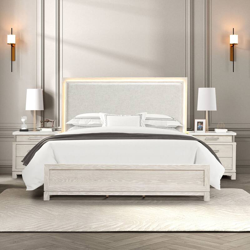 Furniture of America Nansice 3-Piece Weathered Grey Wood Panel Bedroom Set with LED Headboard - King