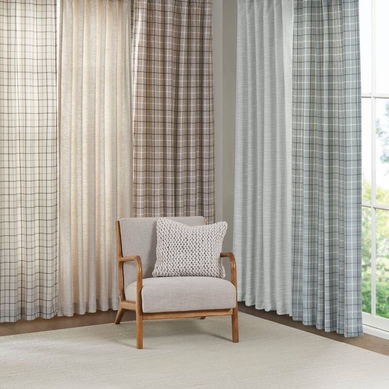 Plaid Rod Pocket and Back Tab Curtain Panel with Fleece Lining Natural 50x95"