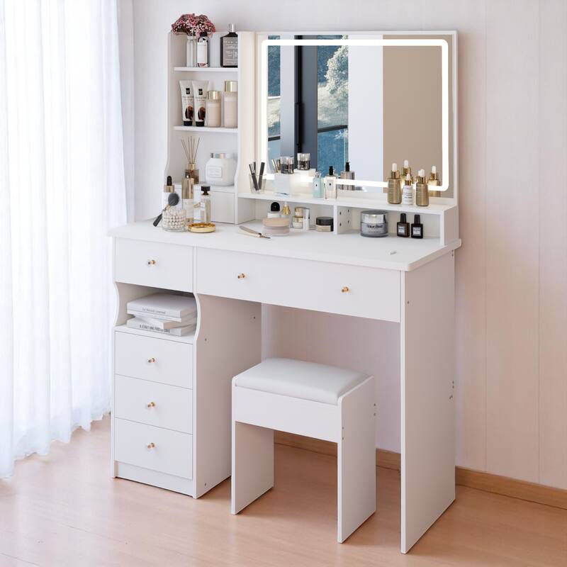 KISRAIS 41" Large Size Fashion Vanity Desk with Mirror and Lights, 3 Color Lighting Brightness Adjustable