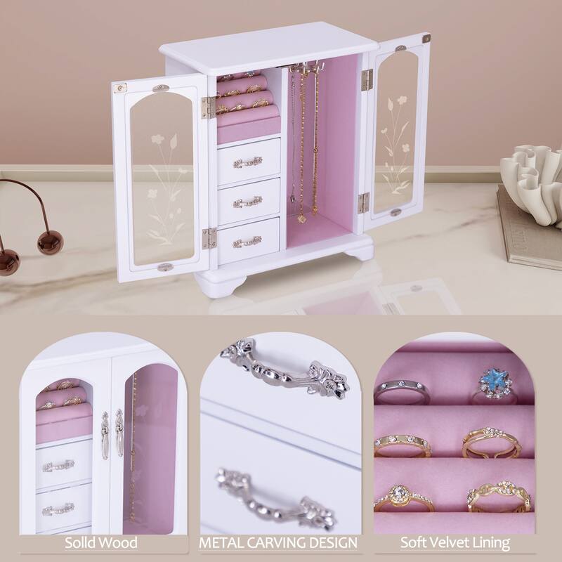 Elegant Jewelry Storage Boxes for Women , White Jewelry Wood Organizer box with Pink Interior - 10*5.2*11.7 IN