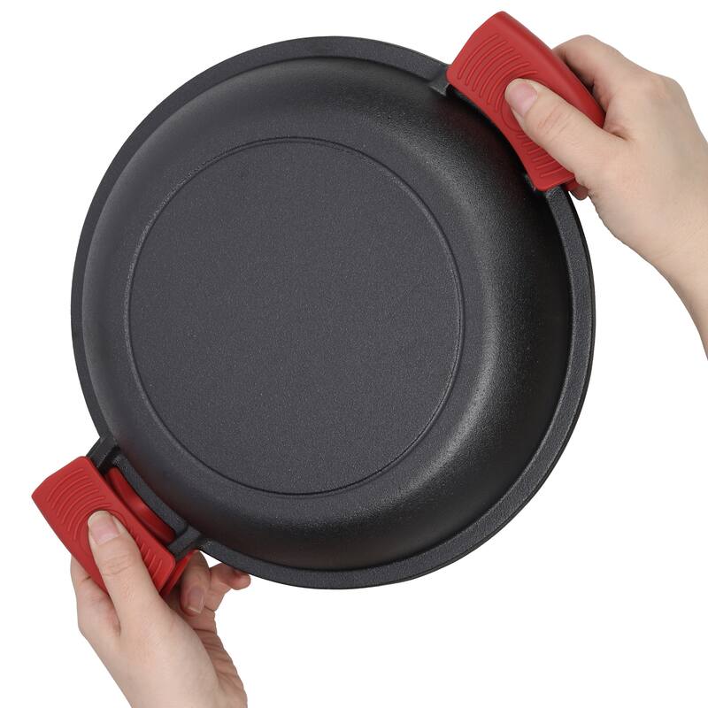 2-in-1 Pre-Seasoned Cast Iron Dutch Oven with 2 Silicone Handle Covers, 5QT Outdoor Camping Deep Pot with Skillet Lid