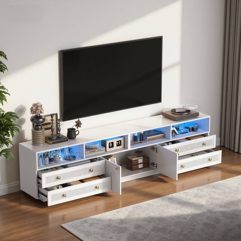 Meyreso 86.6" Modern LED Lighted TV Stand with 4 Open Shelves and Storage Cabinets