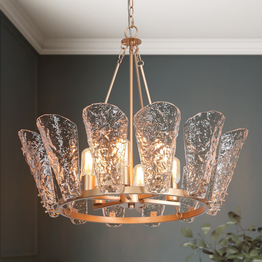 Fenro Modern Gold 6-Light Chandelier Textured Glass Light for Dining Room Bedroom - Brass Gold - D 27" x H 23.5"