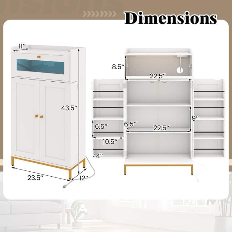 White-Gold MDF and Metal Kitchen Pantry Cabinet with LED Lights and USB Ports - 23.5" x 12" x 43.5"