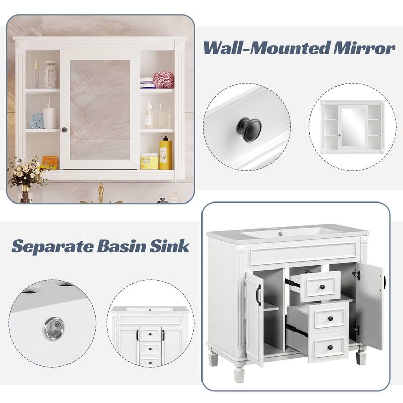 36" Bathroom Vanity with Mirror Cabinet, Ceramic Sink, Black Storage Cabinet with Soft-Close Doors & Drawers