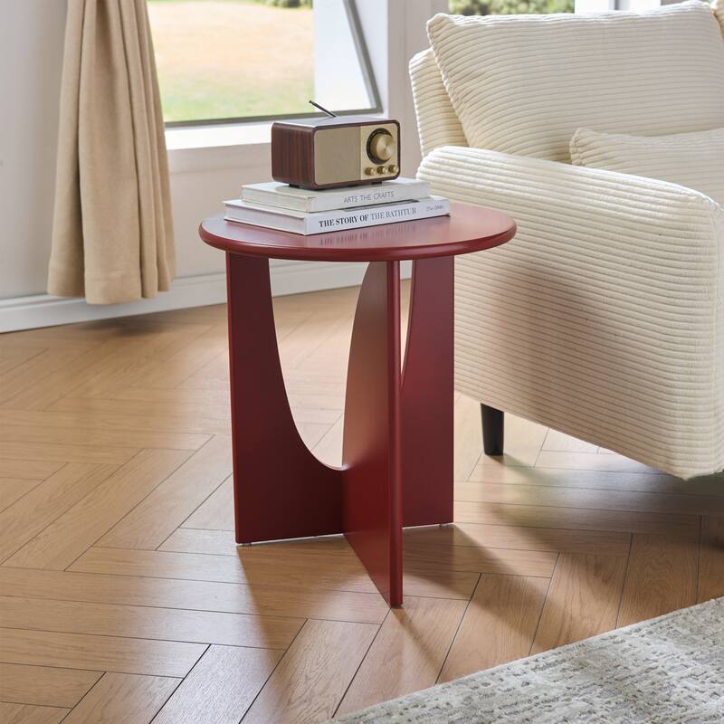 Theo Round Wood Side Table with Sculptural U-Shaped Base - Red