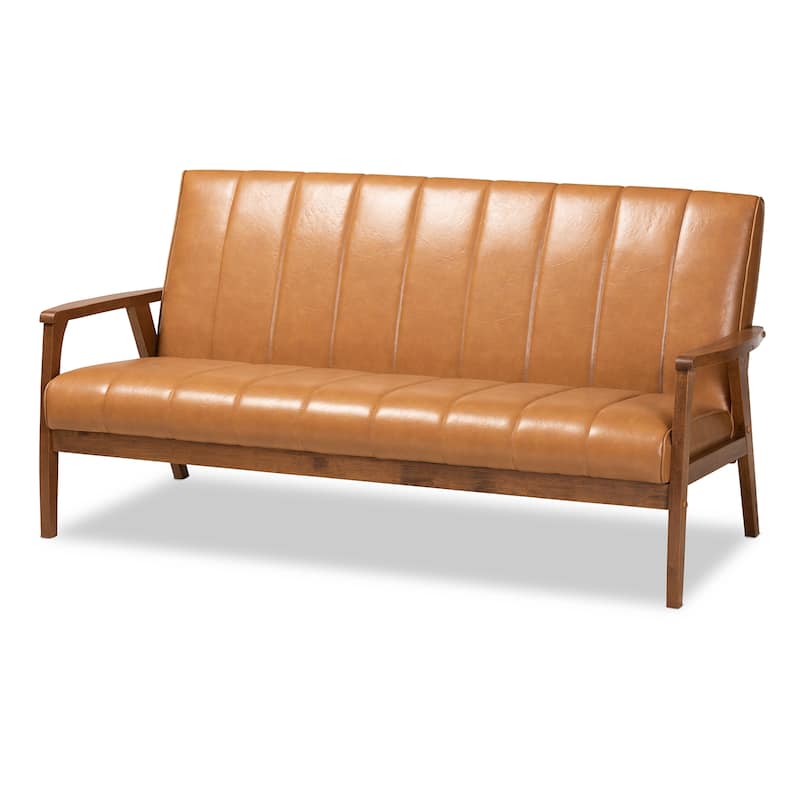 Nikko Tan Faux Leather and Walnut finished Wood Sofa - Tan