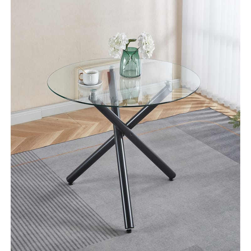 GDFStudio - Willowridge Modern Contemporary 35.4" Metal Frame Round Tempered Glass Dining Table with Cross Metal Base - 35.43"L - Black