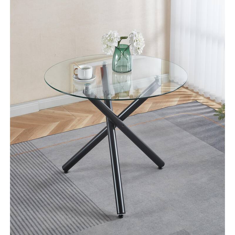 Round Dining Table with Metal leg and Tempered glass,Modern Space Saving Kitchen Table for Living Room - Black