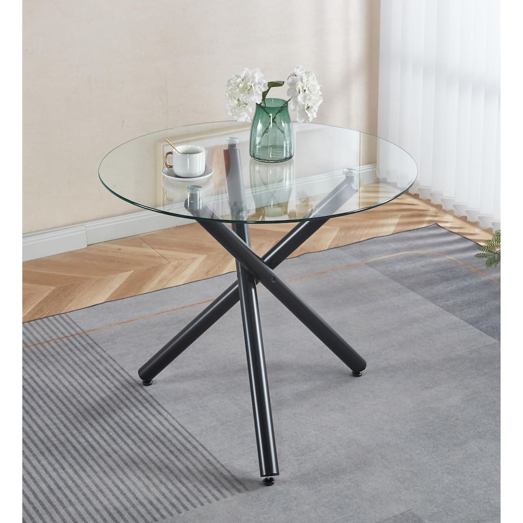 Round Dining Table with Metal leg and Tempered glass,Modern Space Saving Kitchen Table for Living Room