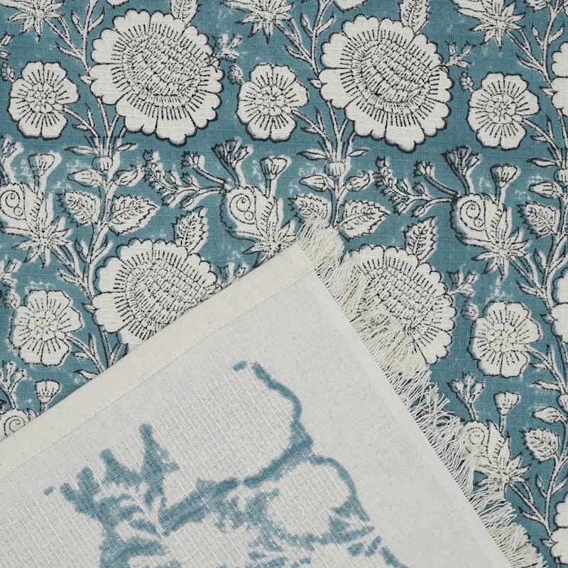 Fabdivine Honeycomb or Waffle Weave Hand Block Floral Print Hand Towel, Kitchen Gift Use - Sun Flower- Teal Blue, Black - Set of 2