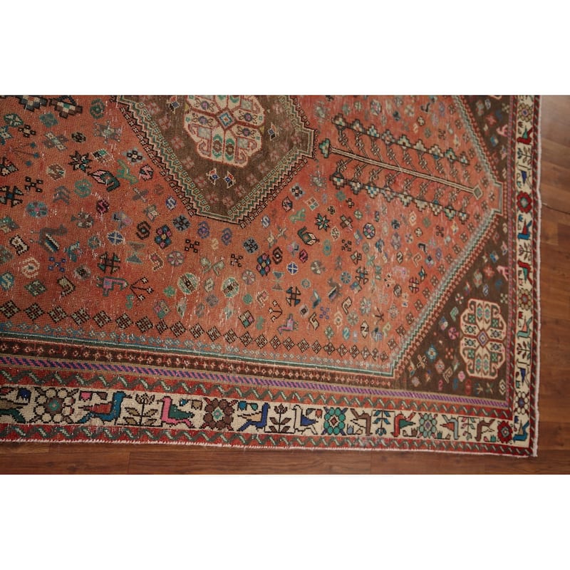 Tribal Geometric Shiraz Persian Vintage Rug Hand-Knotted Wool Carpet - 5'1" x 7'2"
