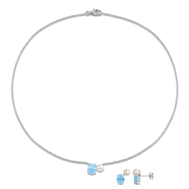 Miadora Cultured Freshwater Pearl 5.5ct TGW Sky Blue Topaz Earrings Necklace Set Sterling Silver