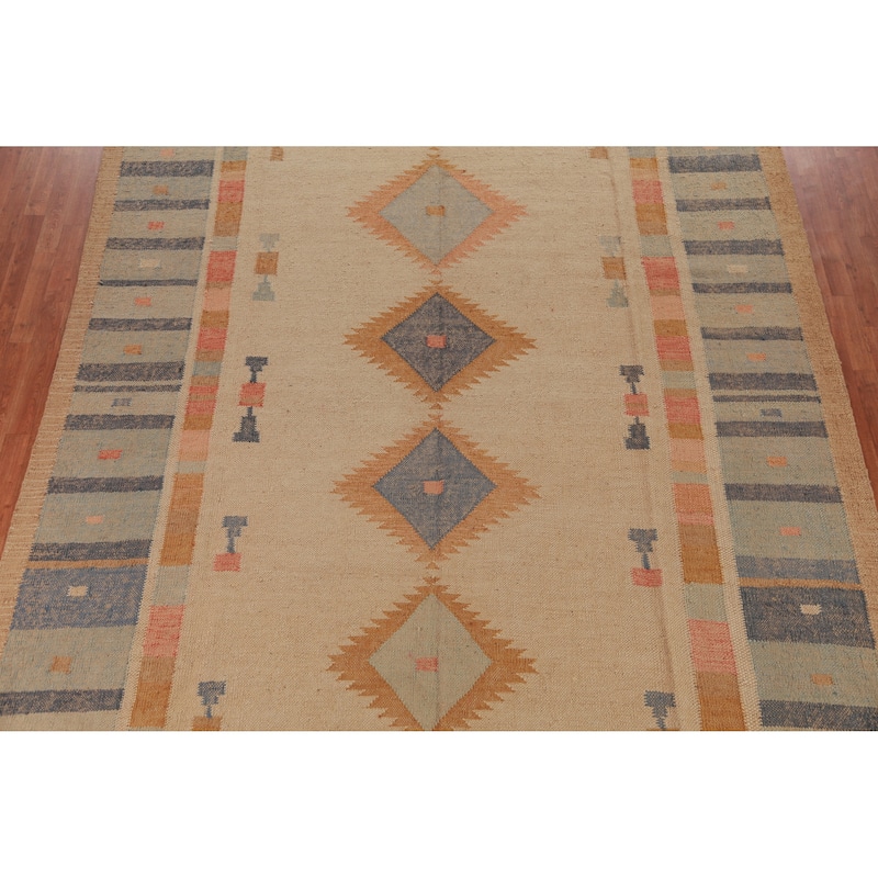Hand Woven Oriental 100% Jute Carpet Southwestern Modern Beige & Ivories Kilim Area Rug - 12' 6'' X 9' 4''