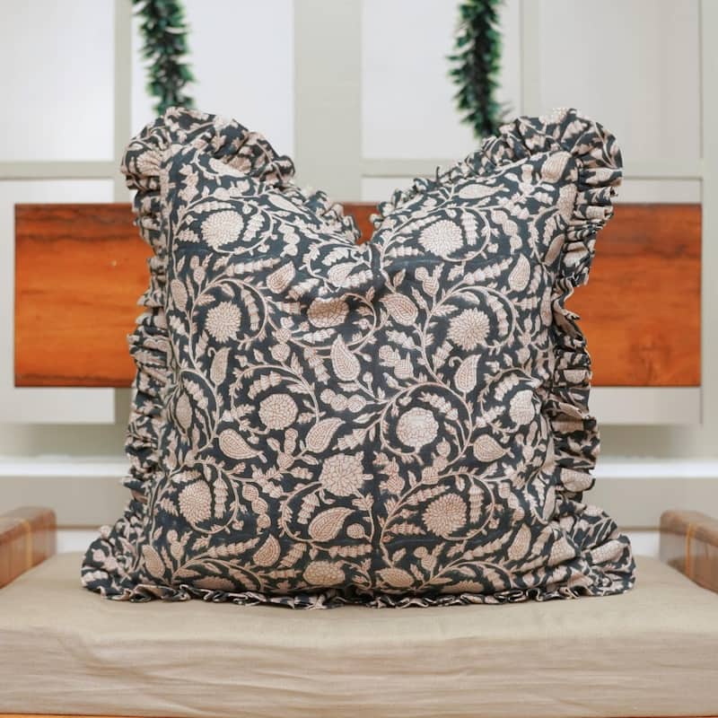 Fabdivine Handmade Block Print Floral Frill Both Side Soft Boho Pure Linen Pillow Cover
