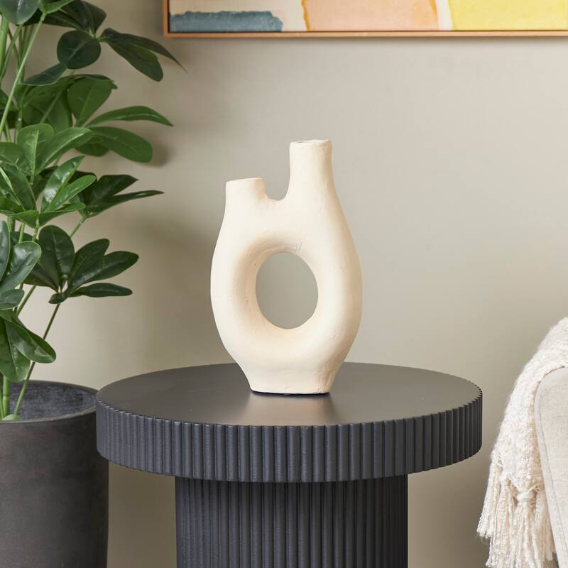 Beige Paper Mache Abstract Rounded Vase with Double Openings - Beige - 9" x 3" x 12