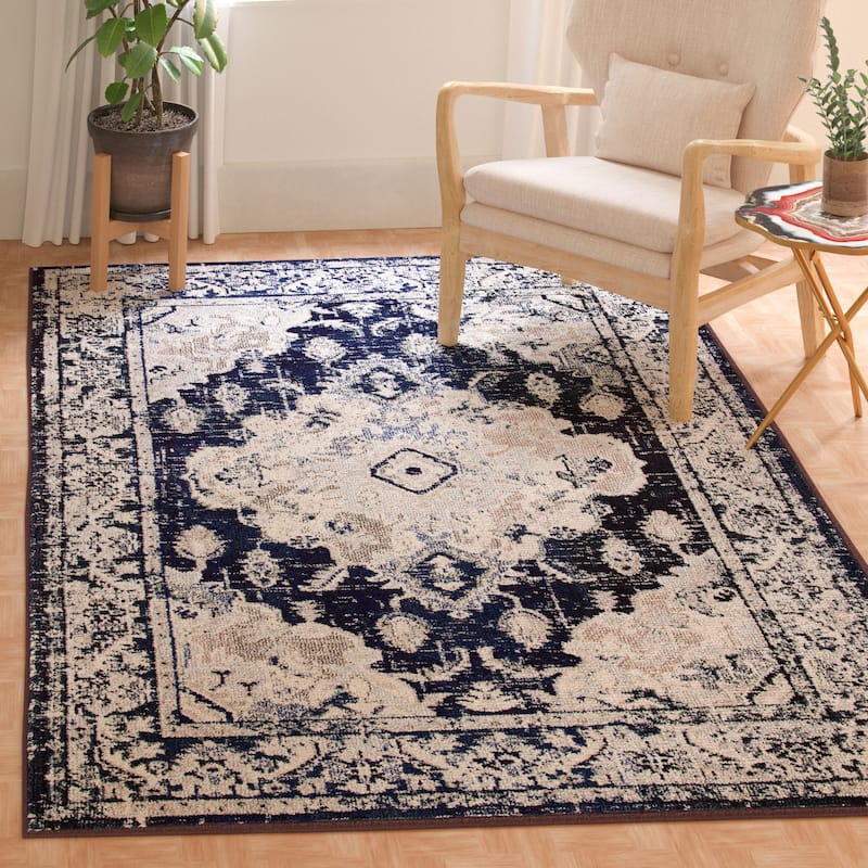 SAFAVIEH Monaco Oceane Boho Medallion Distressed Area Rug - 6'7" Round - Ivory/Navy