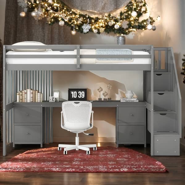 slide 2 of 9, Twin Loft Bed with Desk & Storage Drawers - Gray