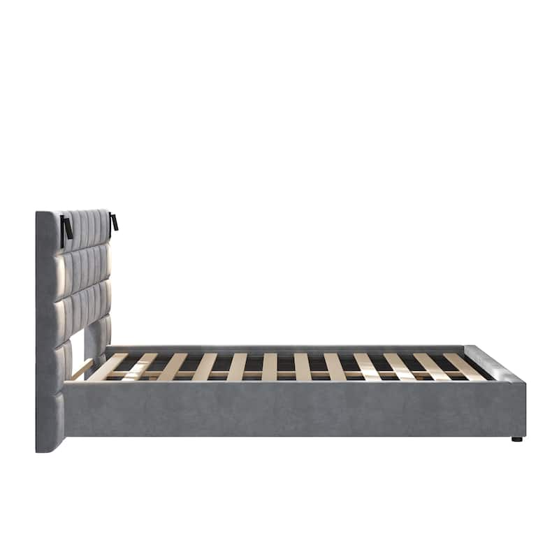 Christopher Knight Home Modern Upholstered Velvet Platform Bedframe & Headboard with Lamps and USB Ports, Grey