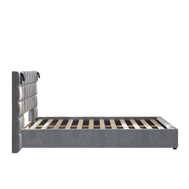 Queen Size Upholstered Bed Frame,With Wall Sconce And USB Port, Wide Headboard, Velvet, Gray
