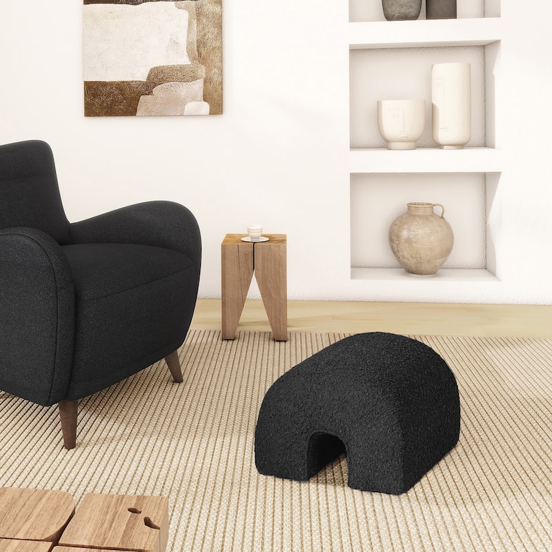 Bridge 16" Boucle Faux Sherpa Upholstered Arched Footstool Ottoman - Ebony Black Boucle