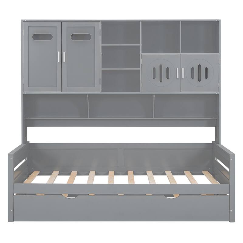 Full Size Wood Daybed with Built-in Storage Cabinet, Open Shelves & Twin Trundle Bed, Space-Saving Multi-Functional Frame