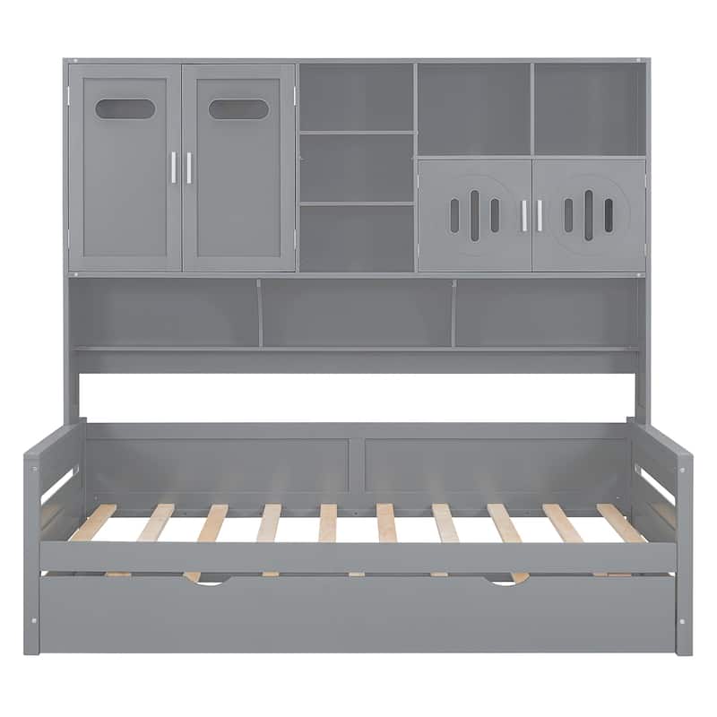 Space-Saving Twin Size Daybed with All-in-One Cabinet, Wooden Platform Bed Frame with Twin Trundle & Shelf, No Box Spring Needed