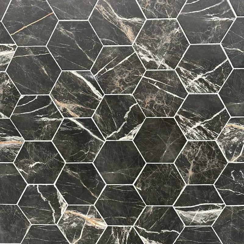Oscuro 8x9 Black/ Gold Matte Hexagon Marble Look Porcelain Tile - Floor & Wall