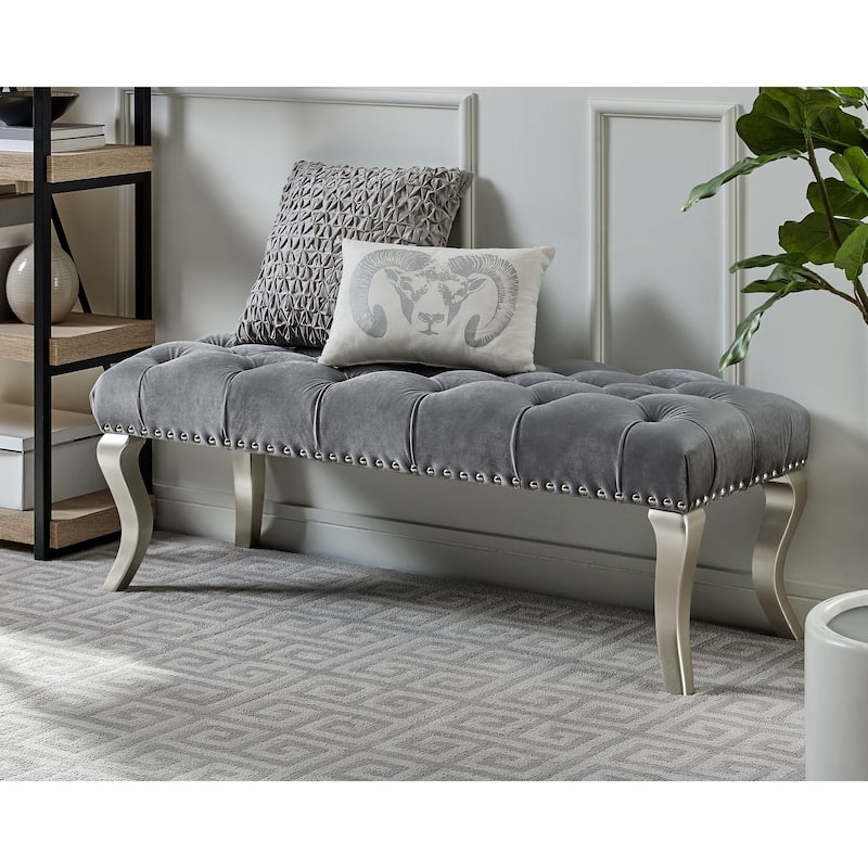 Roundhill Furniture Decor Maxem Tufted Upholstered Seat with Nailhead Trim Bench - Gray Velvet