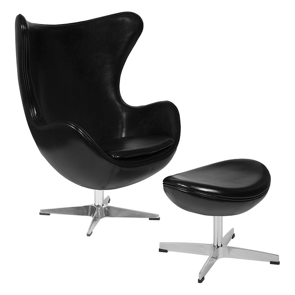 Offex Black Leather Egg Chair with Tilt-Lock Mechanism and Ottoman